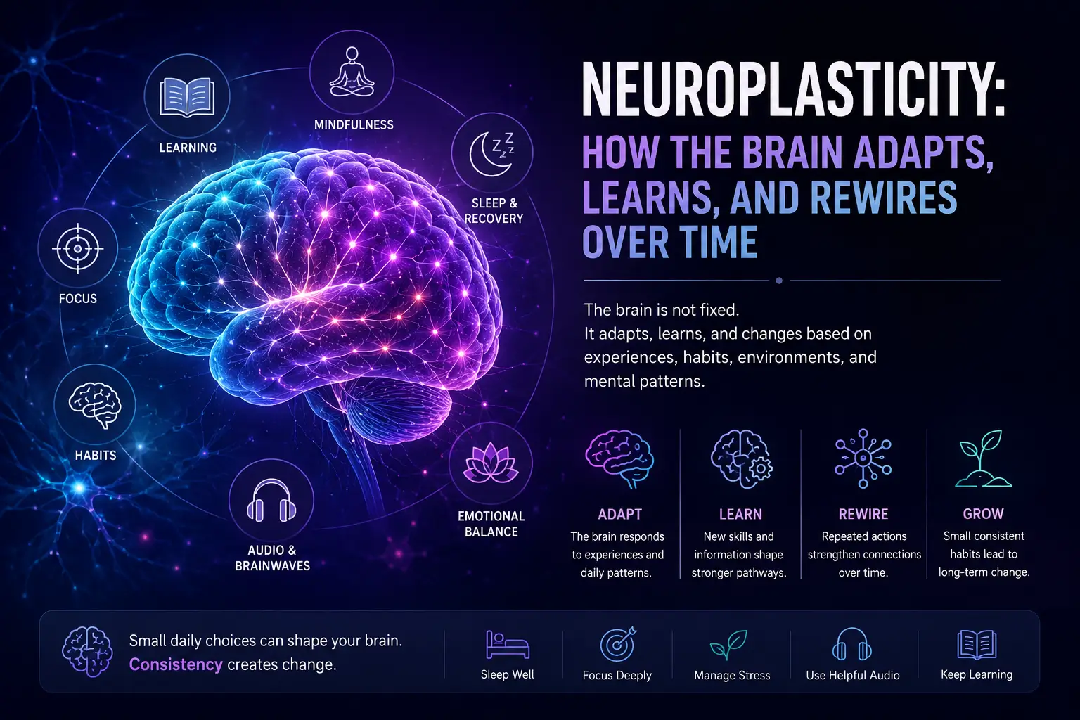 Neuroplasticity illustration showing a glowing human brain with neural connections, focus, learning, mindfulness, sleep recovery, and cognitive adaptation concepts in a futuristic neuroscience design.