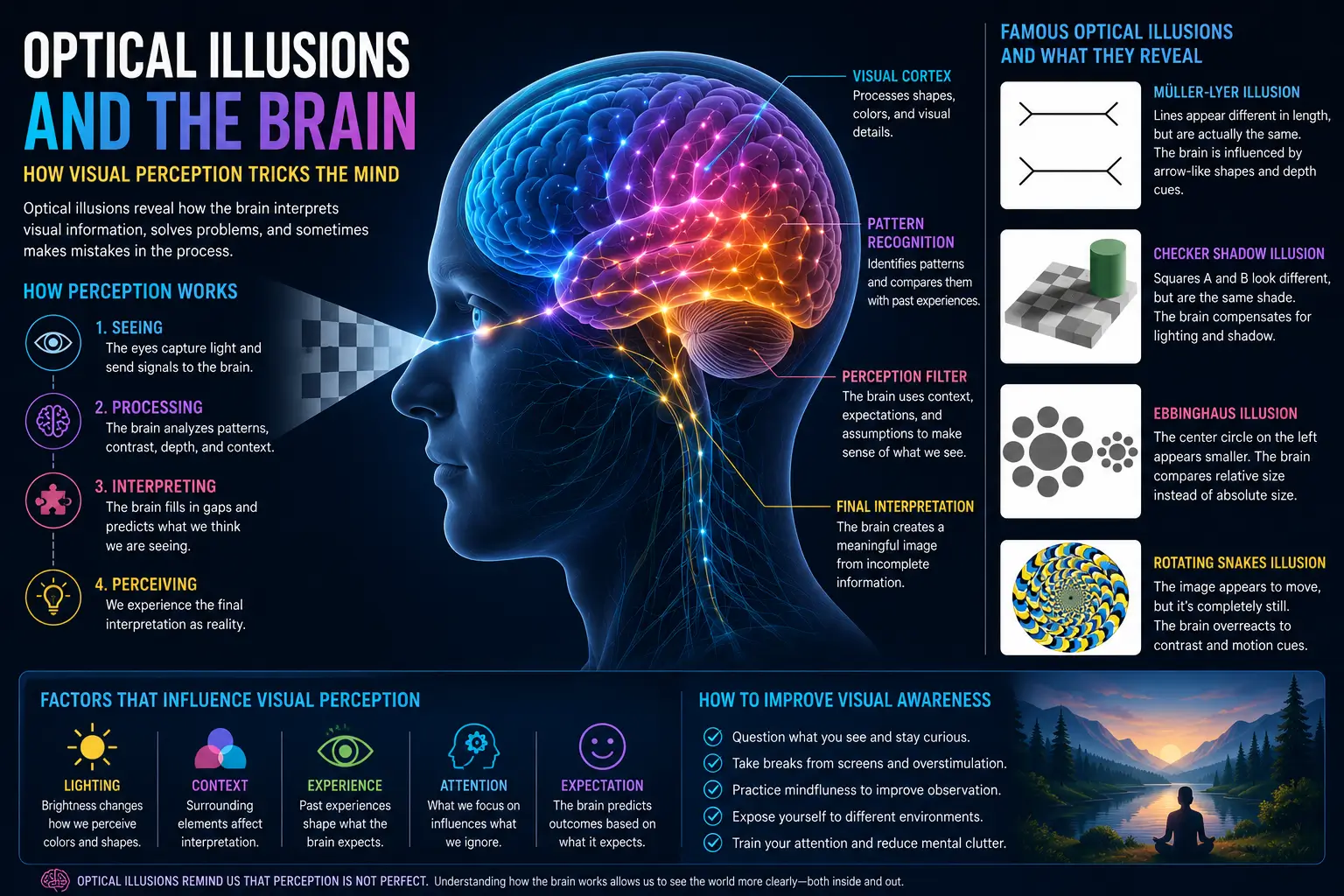 Optical illusion illustration showing how visual perception and cognitive processing influence the brain’s interpretation of reality