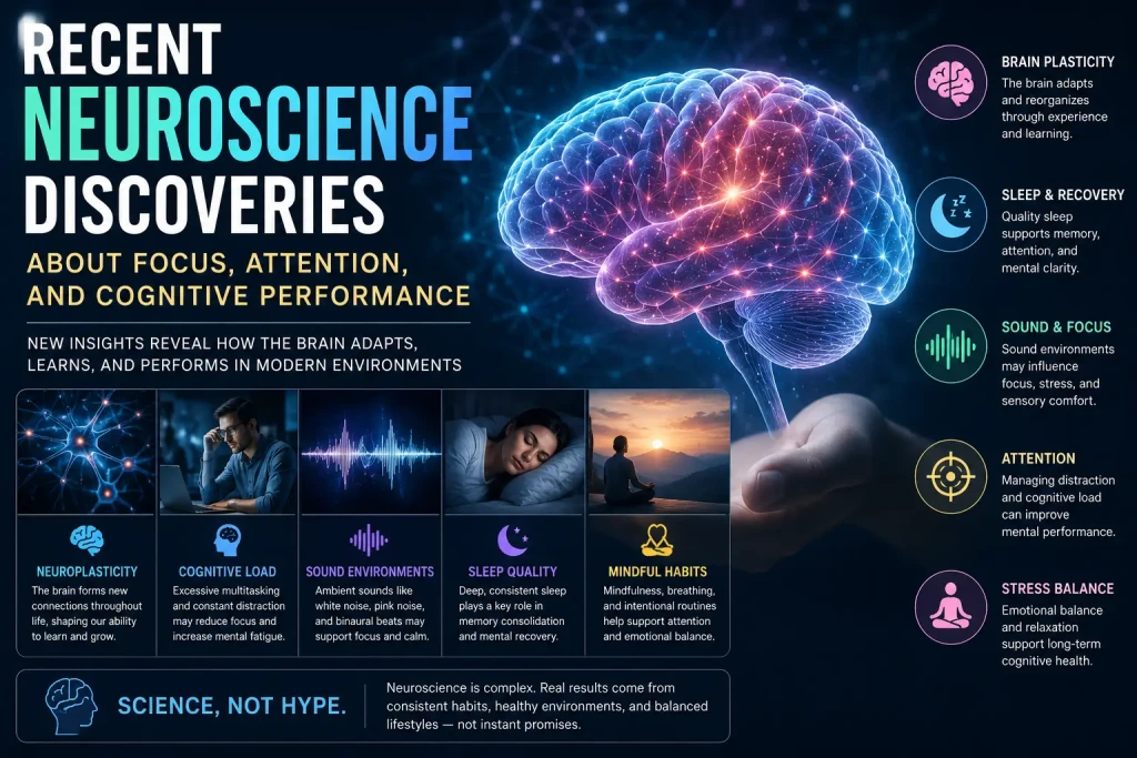 Modern neuroscience visualization showing focus, attention, cognitive performance, neural activity, and futuristic brain research concepts