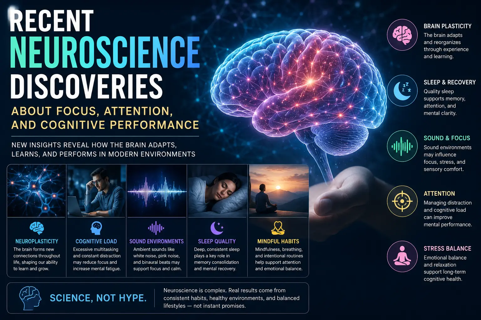 Modern neuroscience visualization showing focus, attention, cognitive performance, neural activity, and futuristic brain research concepts