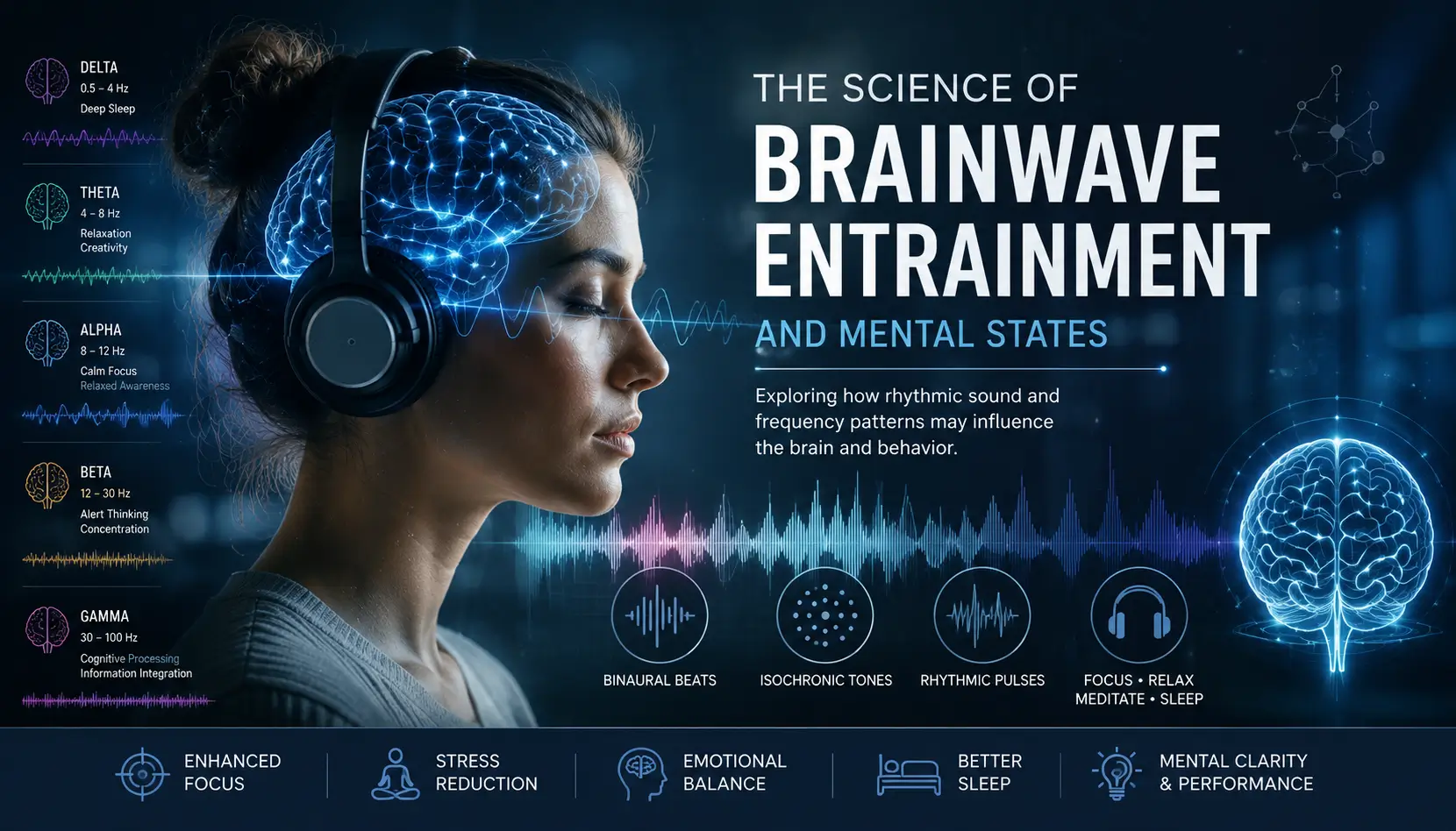 Scientific visualization of brainwave entrainment and mental states with rhythmic audio patterns and neuroscience-inspired design