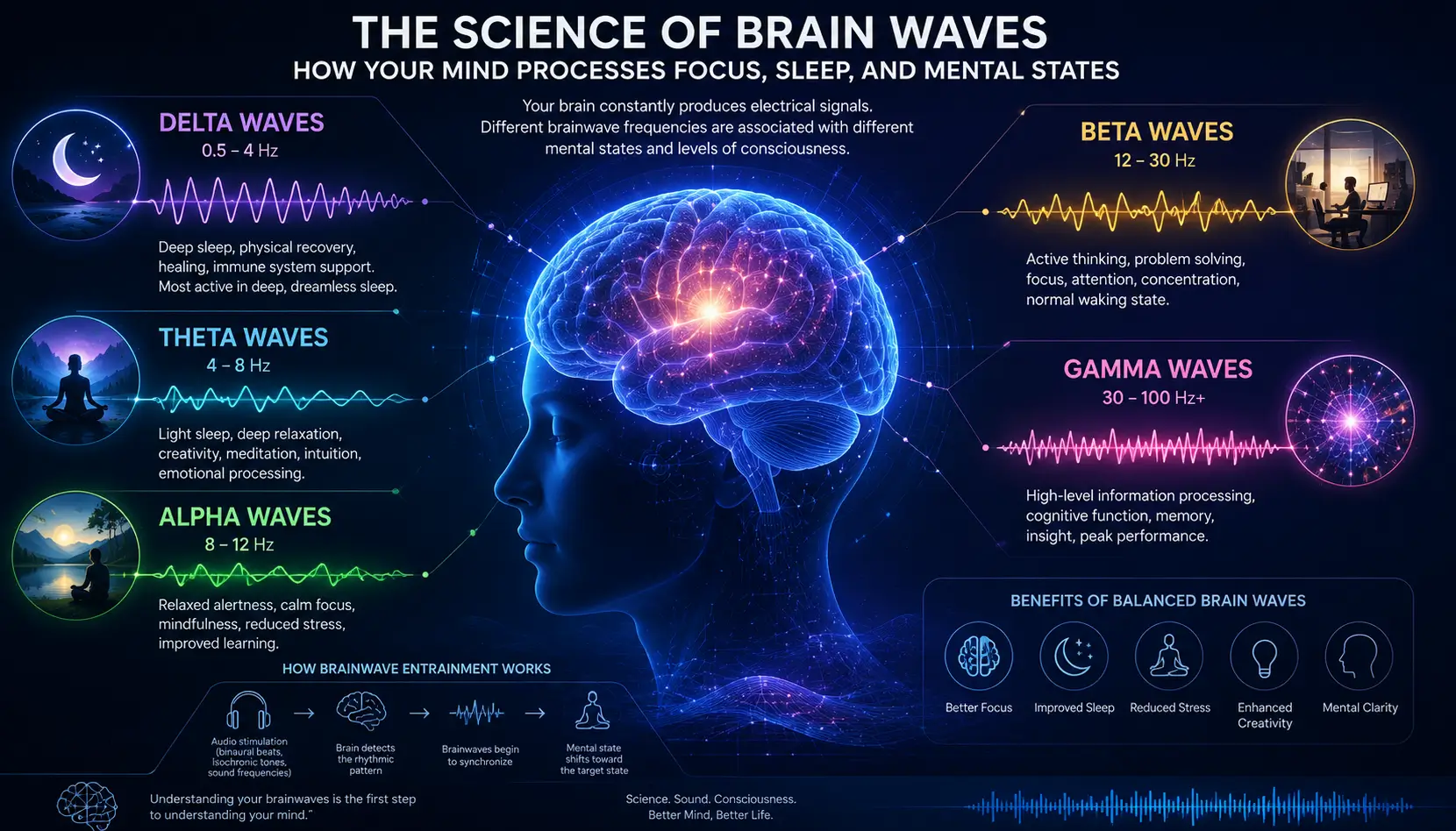 Futuristic visualization of different brainwave states connected to focus, sleep, and cognitive performance