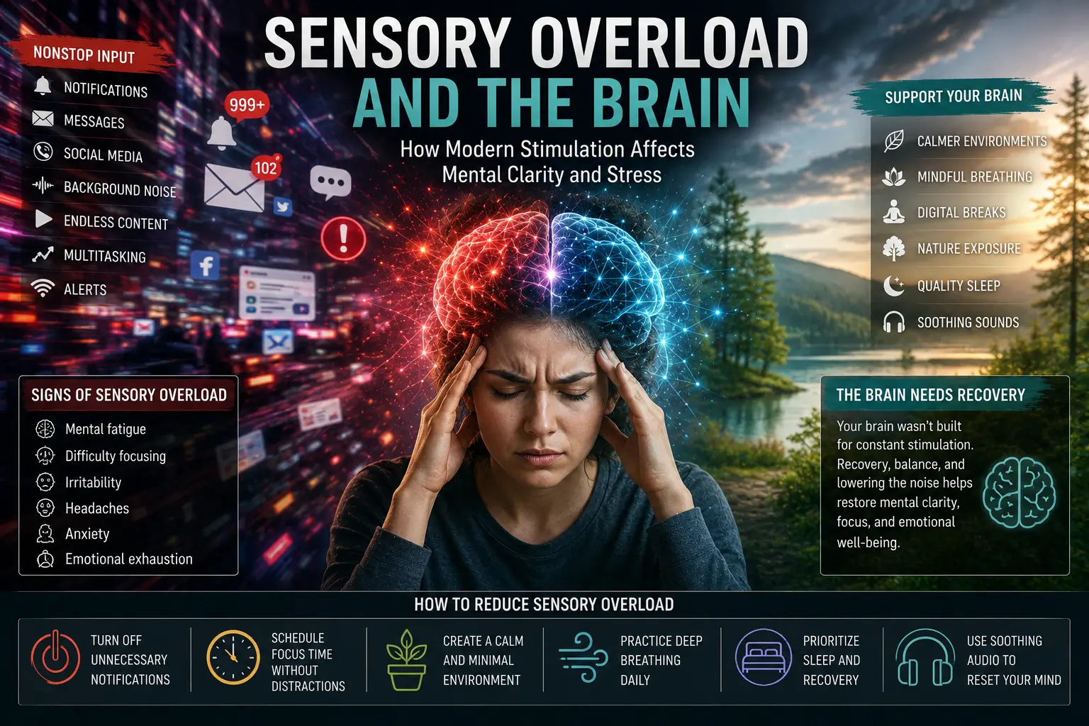 Illustration showing sensory overload, digital overstimulation, mental fatigue, and the brain’s struggle to maintain focus and clarity in modern environments