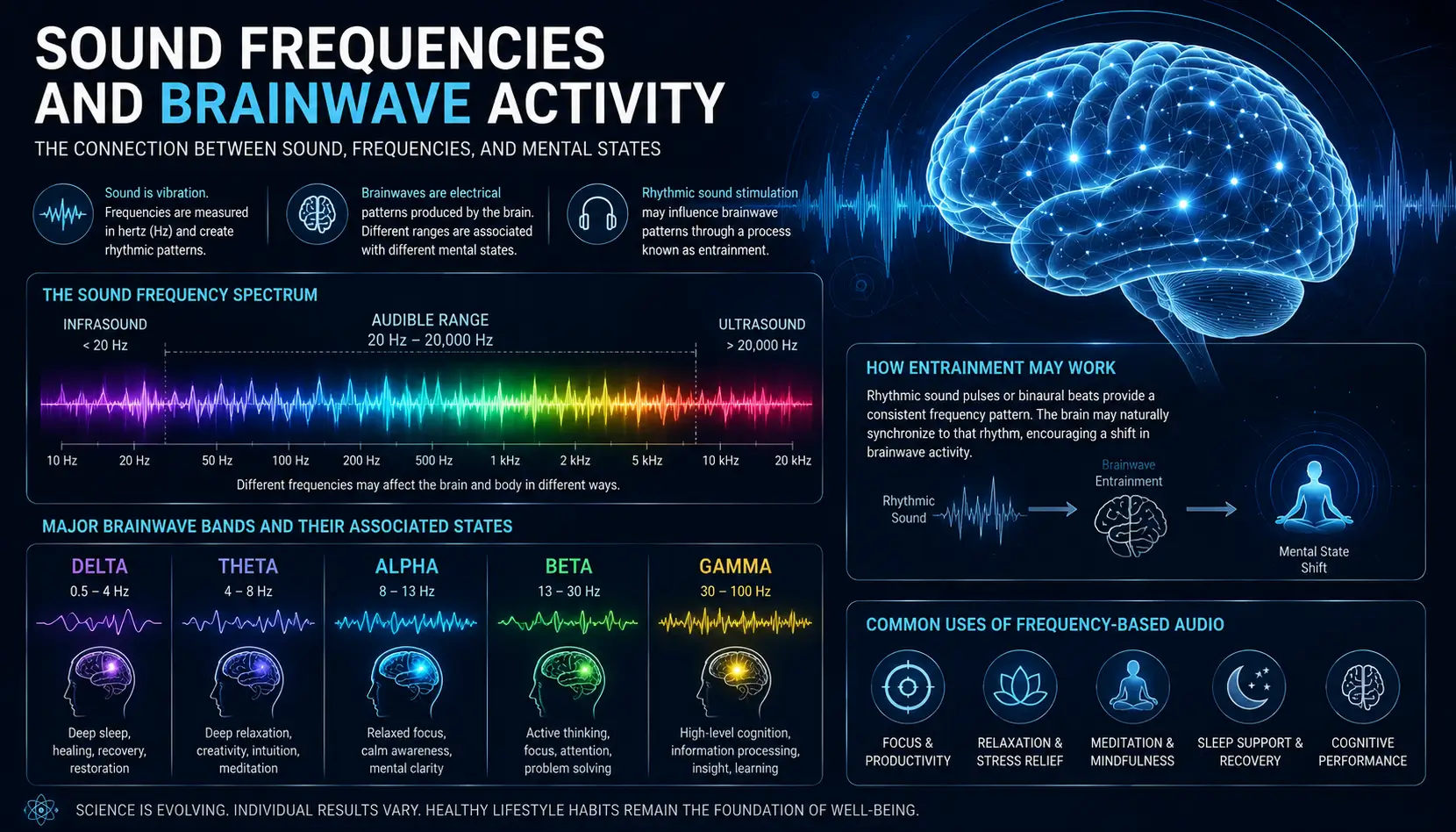 Abstract scientific visualization of sound frequencies and brainwave activity with EEG-inspired wave patterns