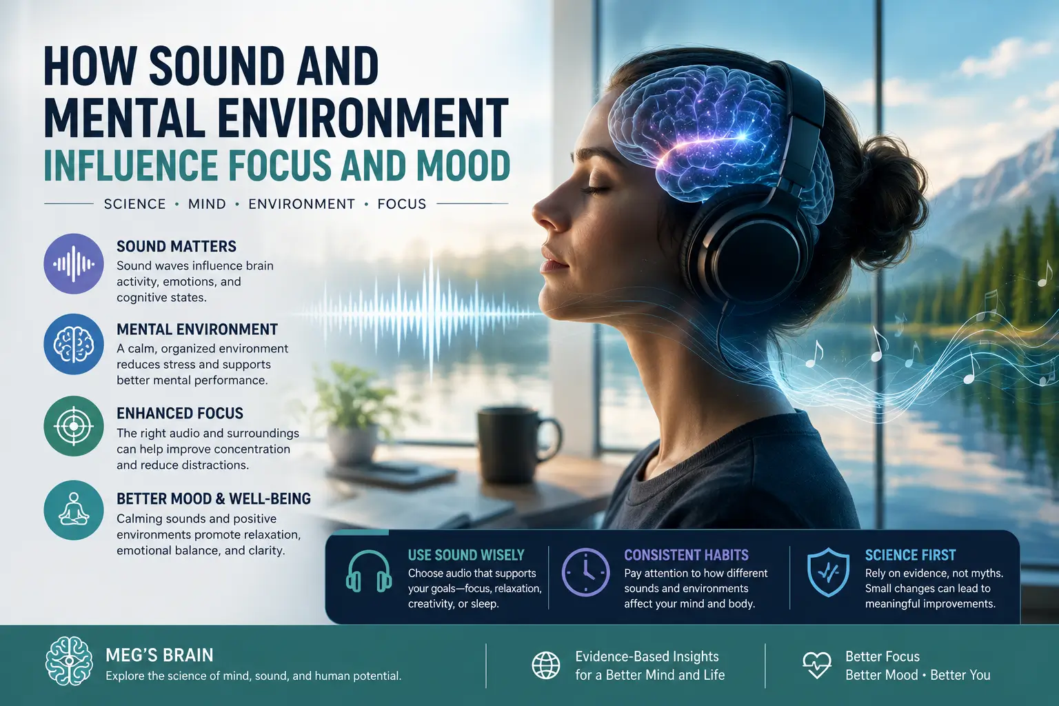 Modern neuroscience-inspired visualization showing soundwaves, mental environment, focus, mood regulation, and calming sensory atmosphere