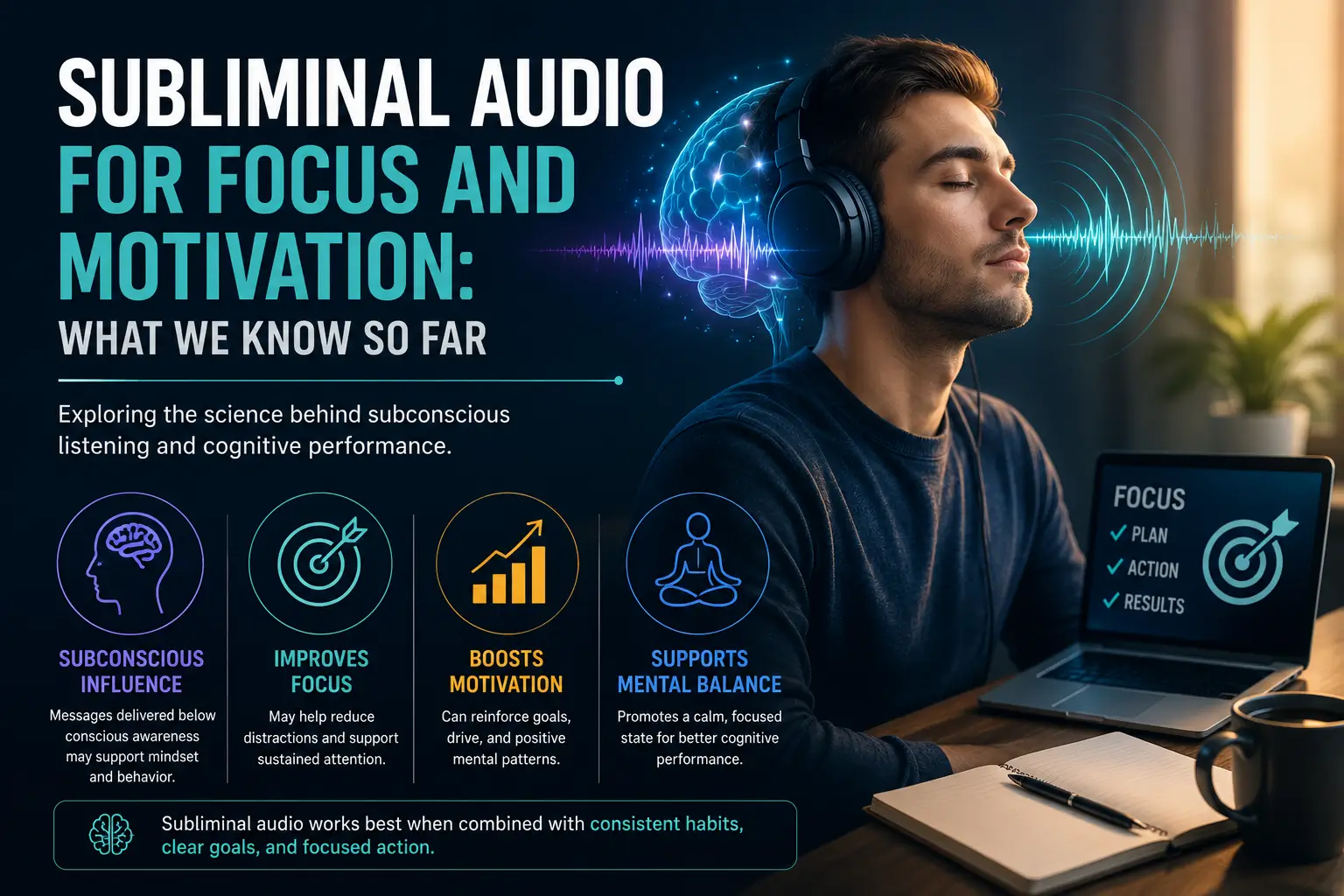 Subliminal audio for focus and motivation illustration showing subconscious processing, attention, productivity, goal-oriented thinking, and neuroscience-inspired listening environments.
