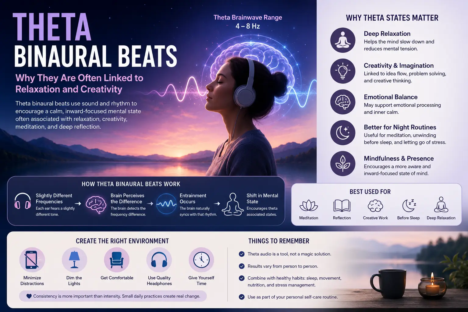 Theta binaural beats visualization with calming meditation atmosphere and creative brainwave patterns