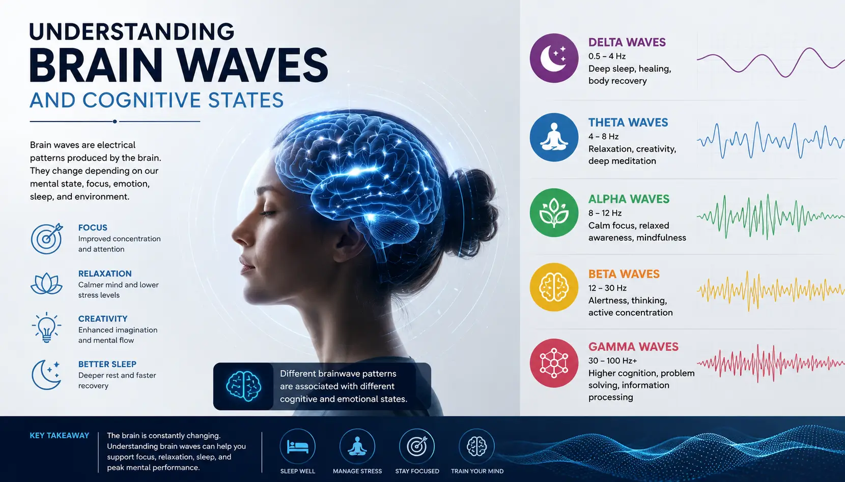 Editorial neuroscience visualization showing different brainwave states and cognitive activity patterns