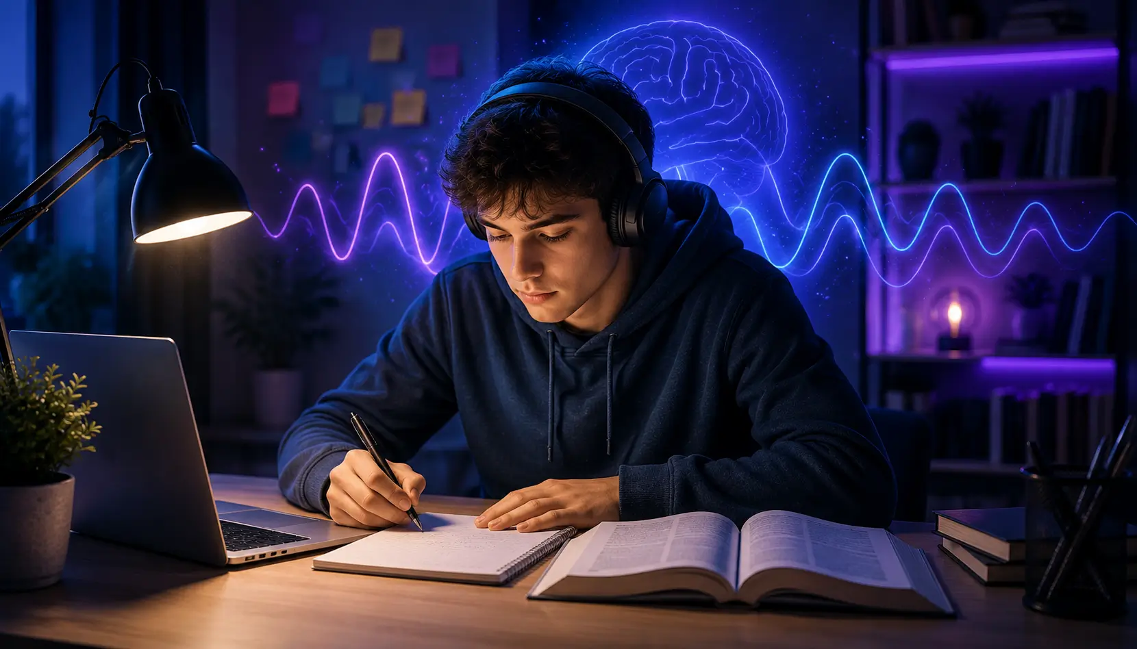 Student using binaural beats for studying with headphones while focusing on notes and a laptop in a calm study environment