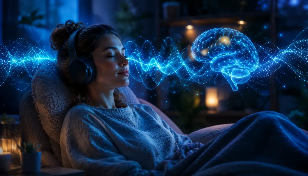 Person listening to binaural beats for anxiety relief surrounded by calming blue sound waves and relaxing neuroscience atmosphere