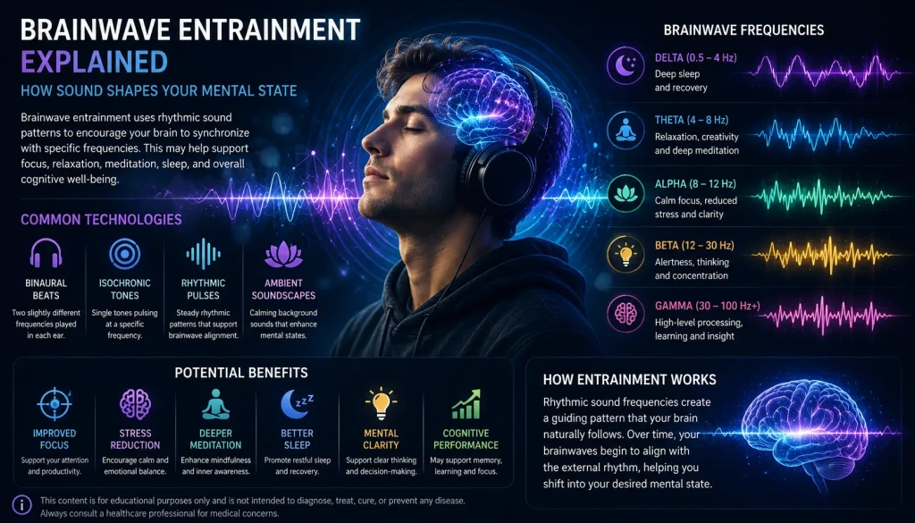 Futuristic visualization of brainwave entrainment and rhythmic sound shaping mental states