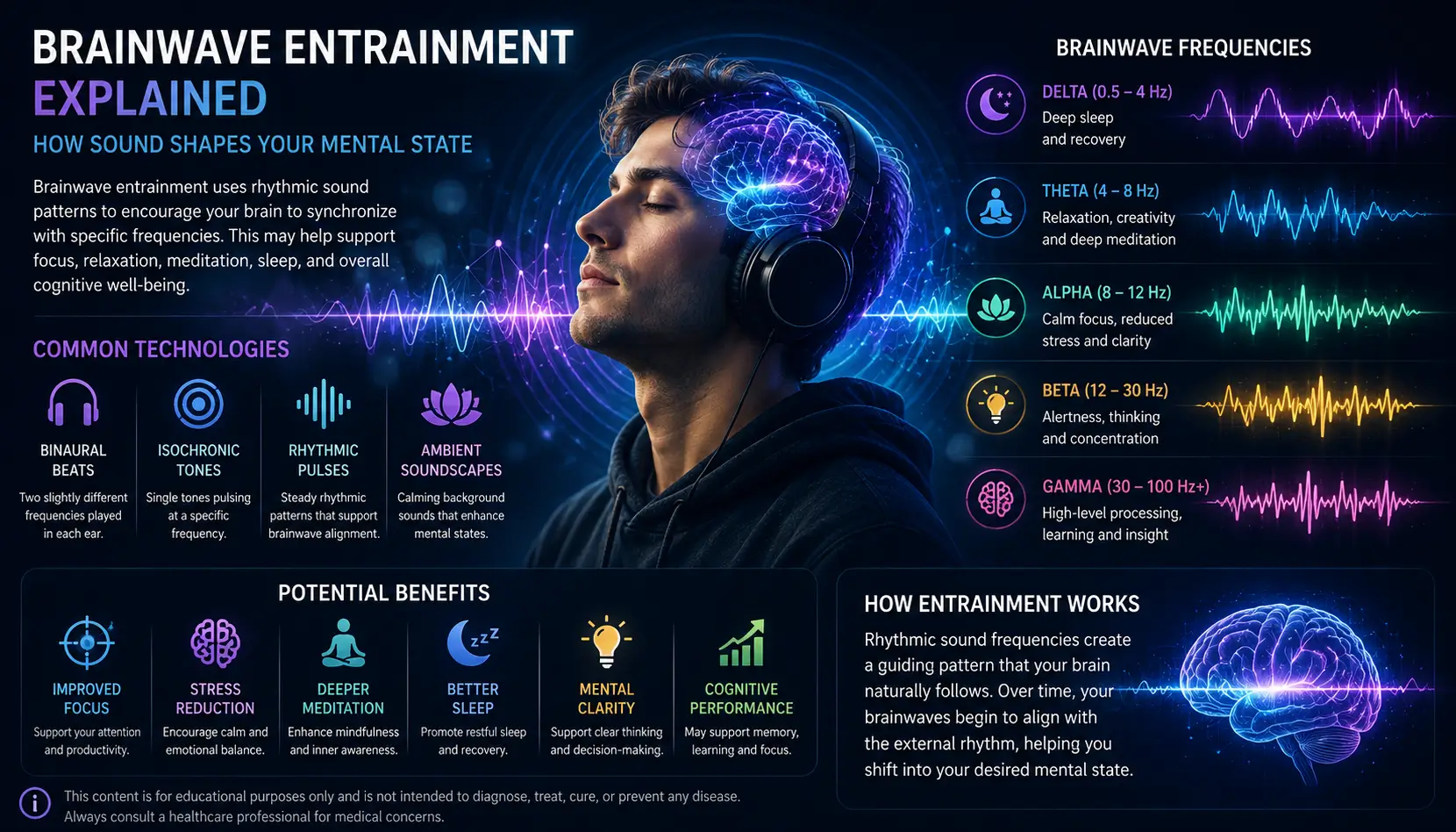 Futuristic visualization of brainwave entrainment and rhythmic sound shaping mental states
