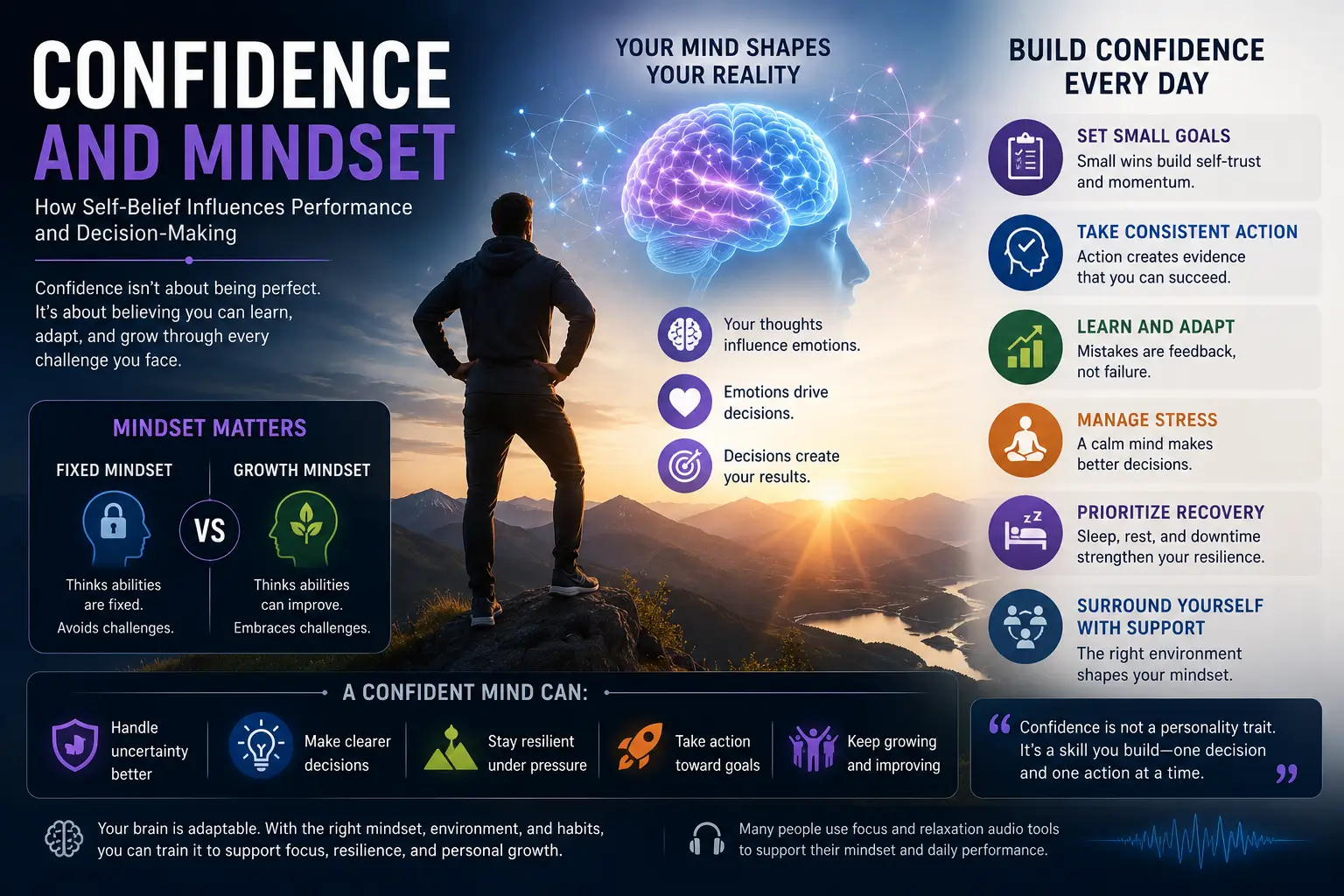 Confidence and mindset illustration showing self-belief, decision-making, resilience, mental flexibility, and personal growth supported by modern brain science.