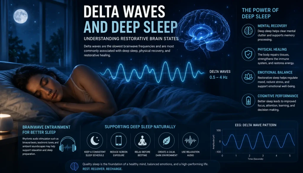 Calm neuroscience-inspired visualization of delta waves and deep sleep with relaxing nighttime atmosphere