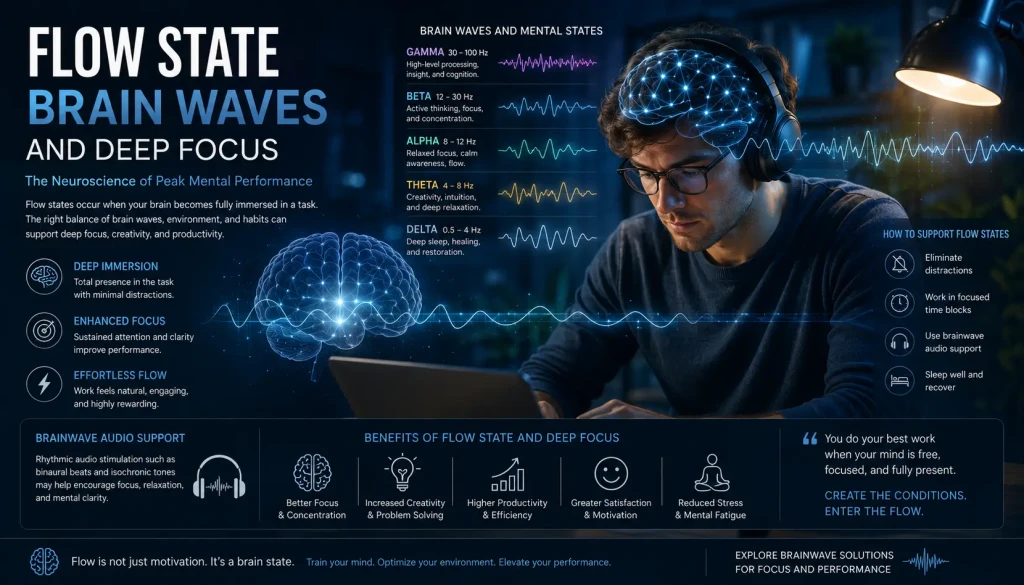 Modern neuroscience-inspired illustration of flow state brain waves and deep focus during concentrated work