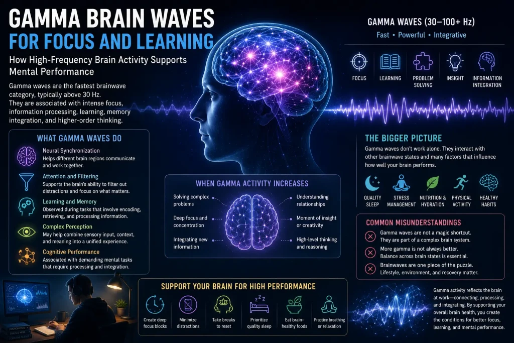 Gamma brain waves illustration showing high-frequency neural activity associated with focus, learning, attention, information processing, and cognitive performance.