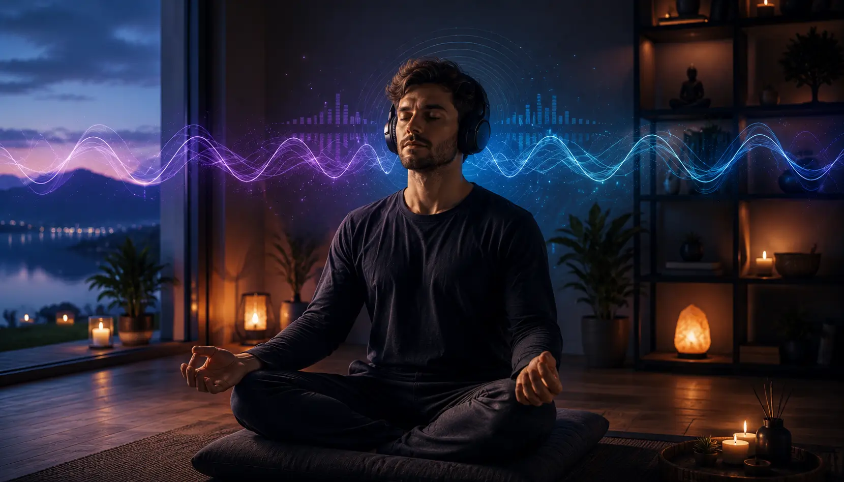 Person meditating in a calm audio environment while comparing meditation audio and relaxation sounds for stress relief and mindfulness
