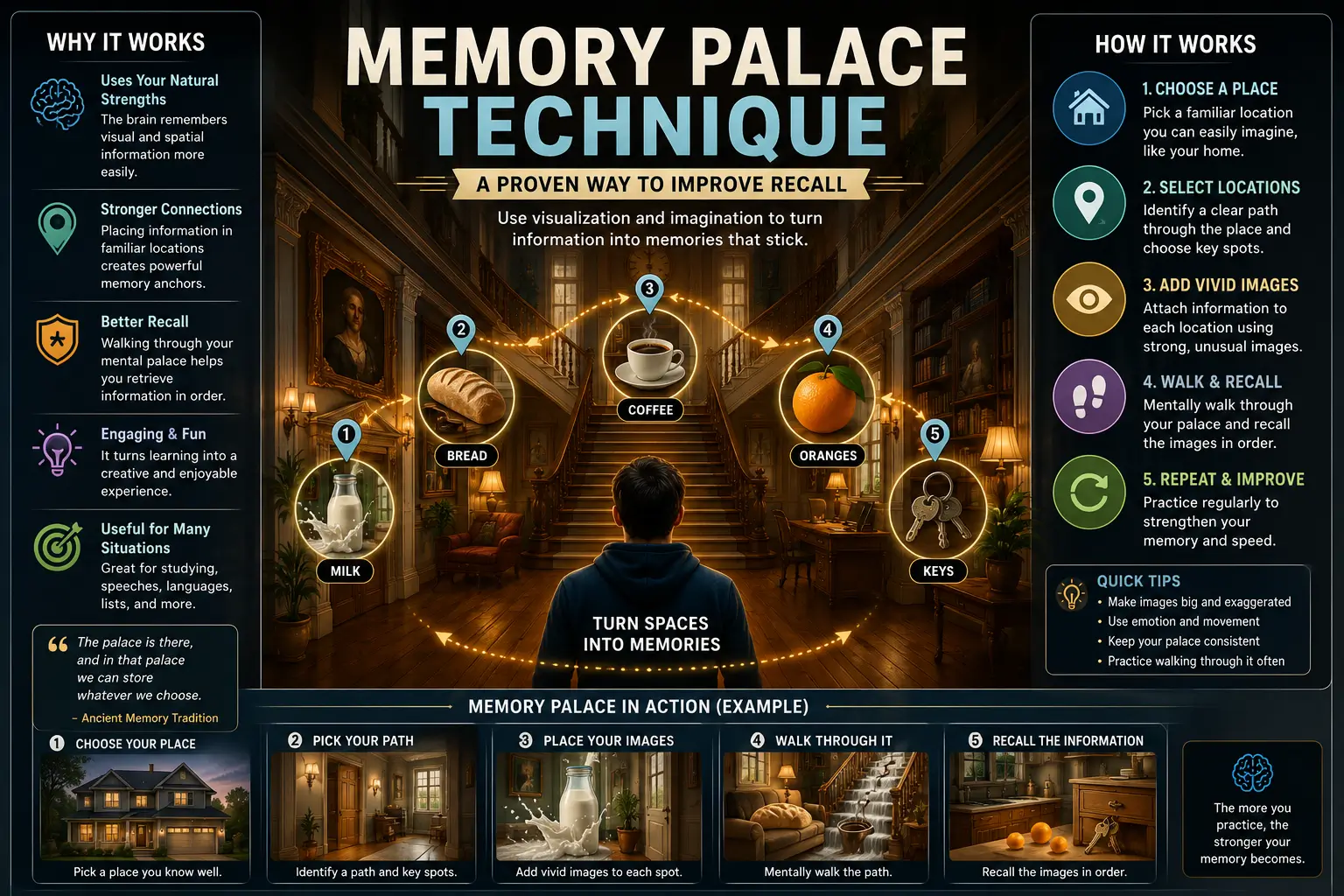 Visualization of the memory palace technique with mental imagery and structured memory recall concepts
