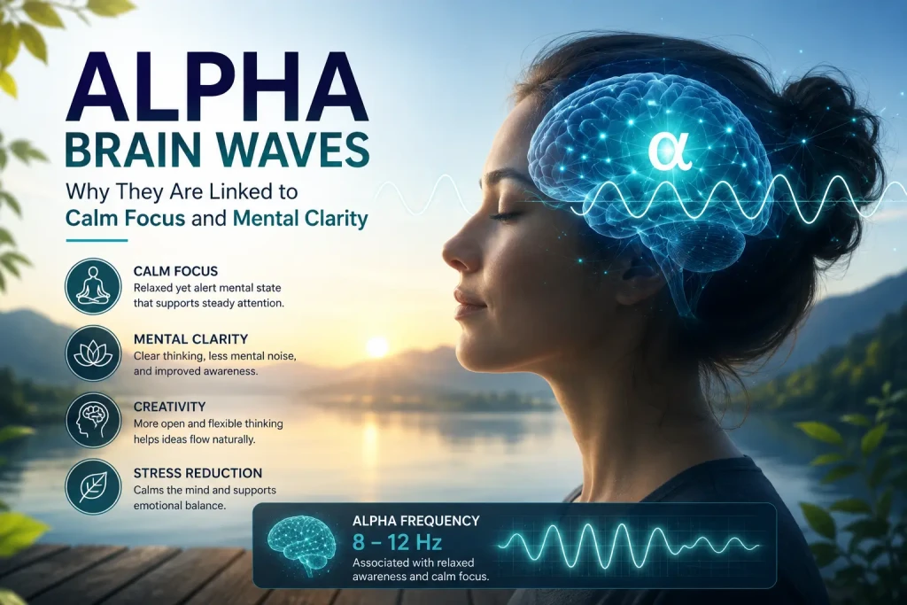 Alpha brain waves visualization with calm focus, relaxed awareness, and glowing neural patterns