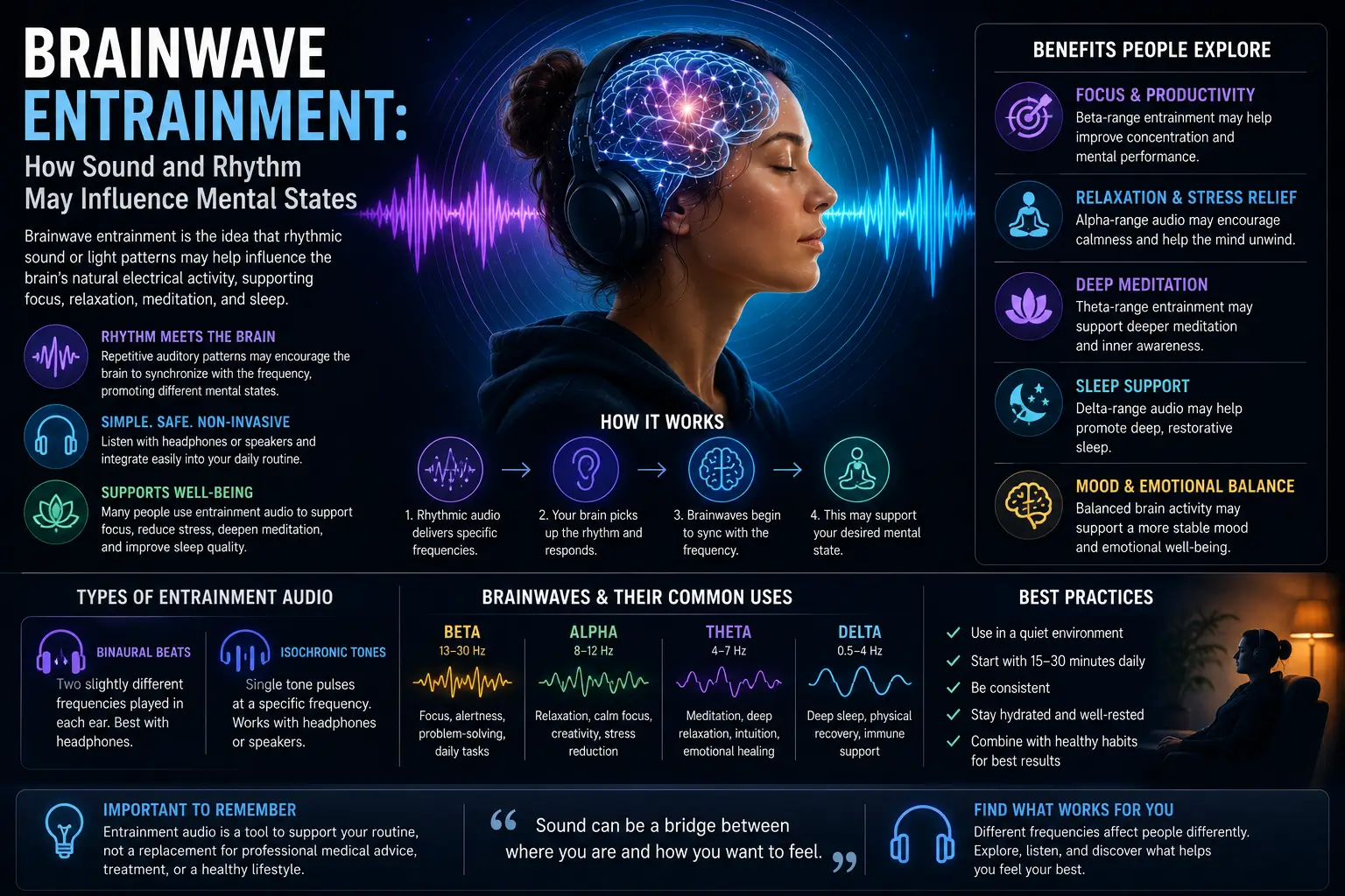 Brainwave entrainment visualization with rhythmic sound waves influencing calm and focused brain activity