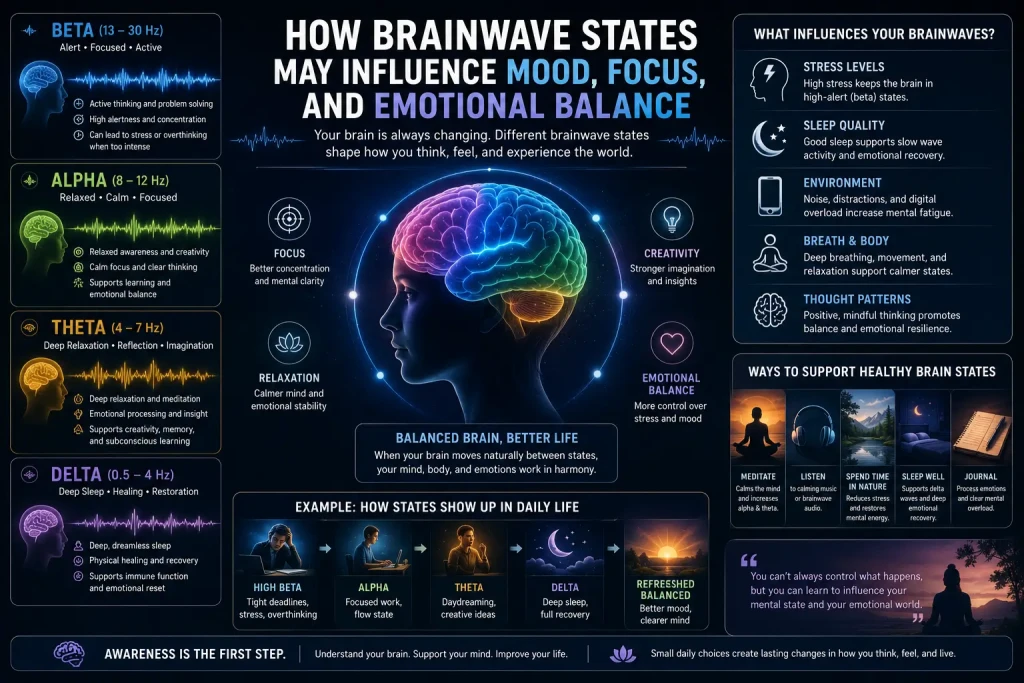 Abstract visualization of brainwave states connected to mood, focus, stress, and emotional balance