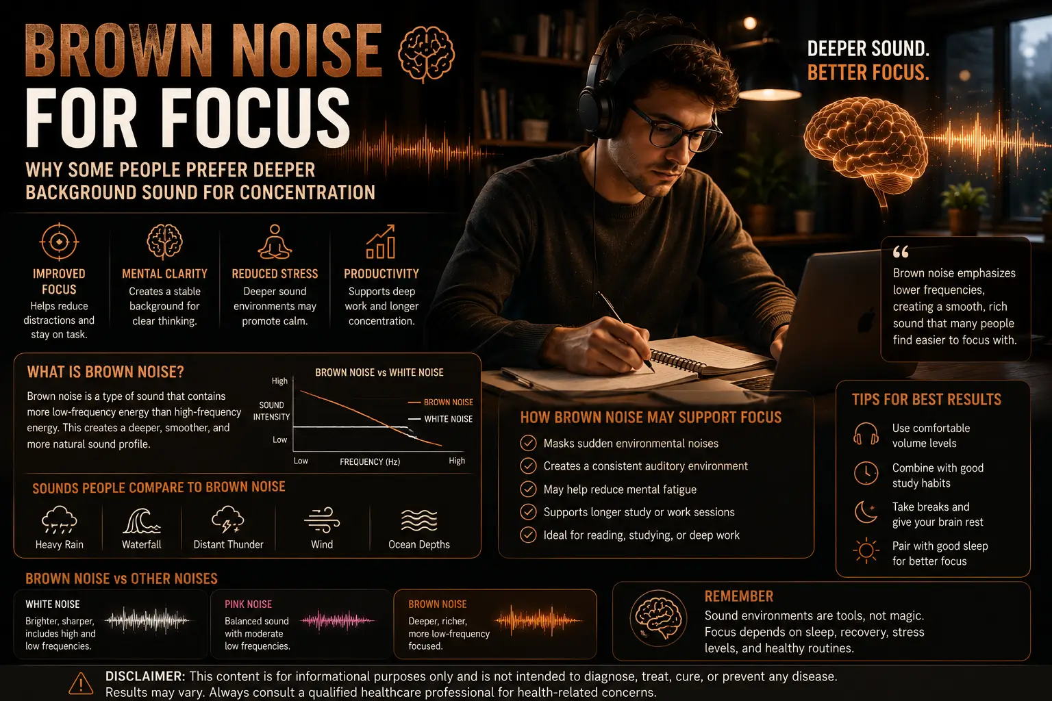 Person concentrating in a calm workspace with deep brown noise sound visualization for focus