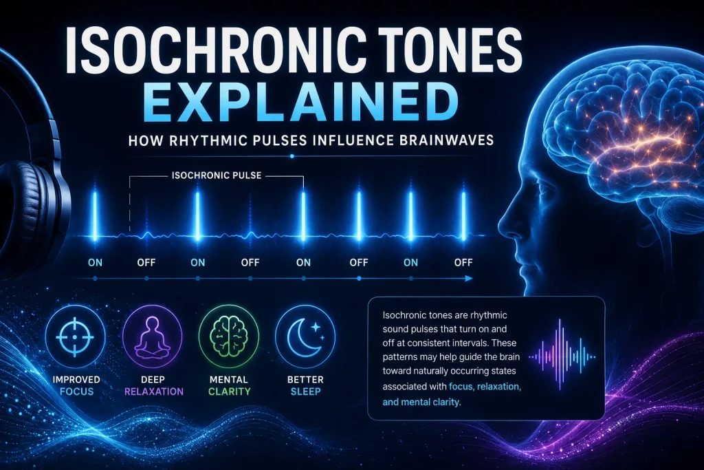 Rhythmic audio pulse visualization showing isochronic tones, glowing soundwaves, focus, relaxation, and futuristic neuroscience-inspired brain activity