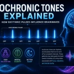 Rhythmic audio pulse visualization showing isochronic tones, glowing soundwaves, focus, relaxation, and futuristic neuroscience-inspired brain activity
