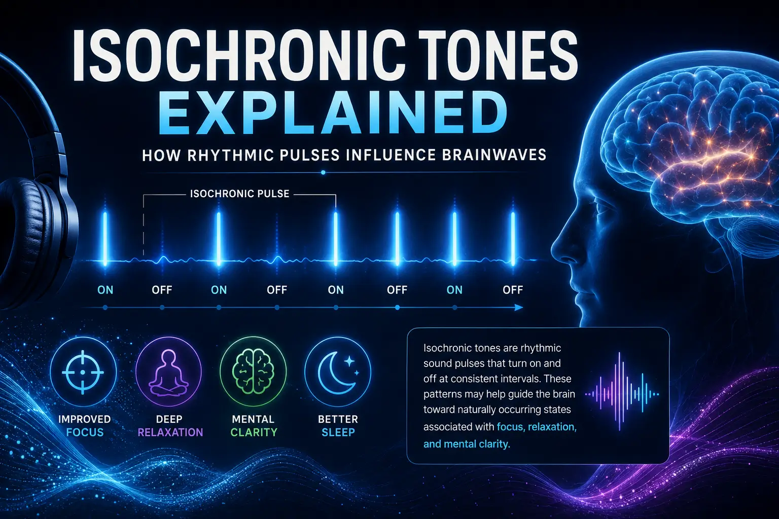 Rhythmic audio pulse visualization showing isochronic tones, glowing soundwaves, focus, relaxation, and futuristic neuroscience-inspired brain activity