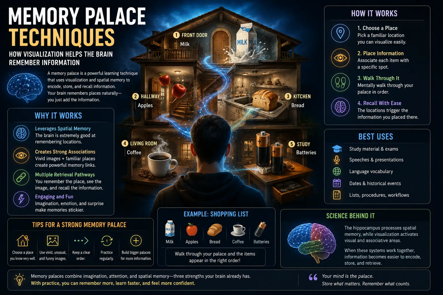 Memory palace visualization showing a person mentally navigating familiar locations to improve memory, learning, recall, and information retention through spatial association.