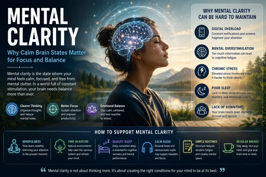 Mental clarity visualization with calm focus, balanced brain activity, and peaceful cognitive atmosphere
