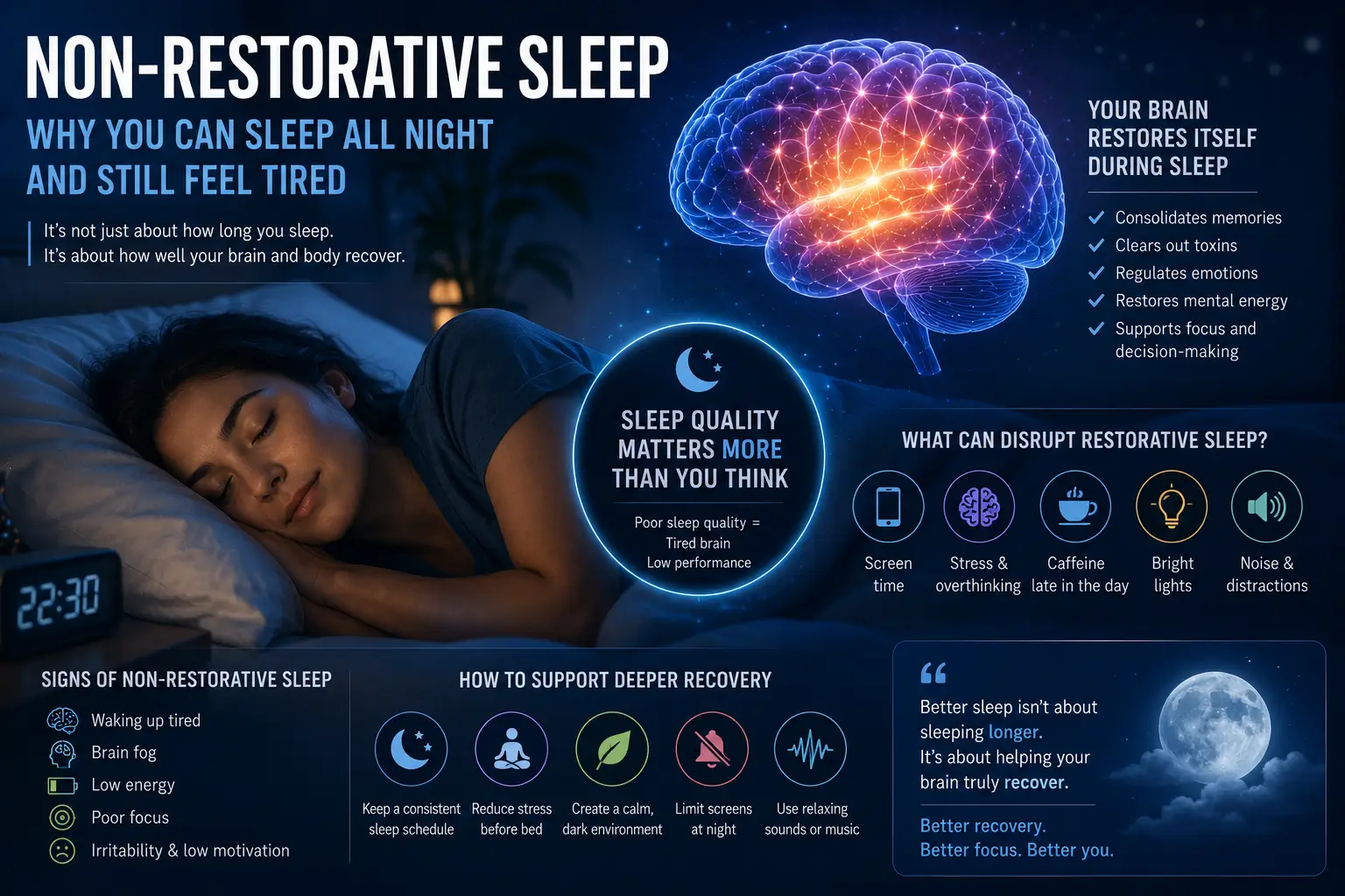 Person sleeping peacefully while brain recovery, deep sleep quality, mental restoration, and cognitive recovery processes are illustrated through glowing neural activity and calming nighttime imagery.