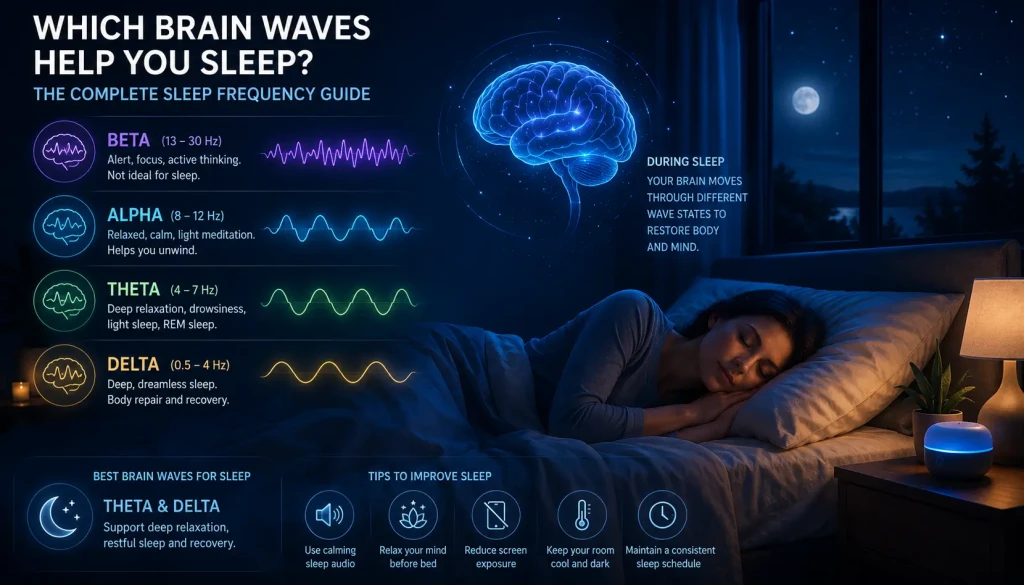 Person sleeping peacefully with calming brainwave sleep visualization and ambient nighttime lighting