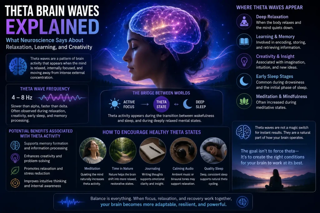 Theta brain waves illustration showing relaxation, creativity, learning, memory processing, and transitional states between focused awareness and sleep.