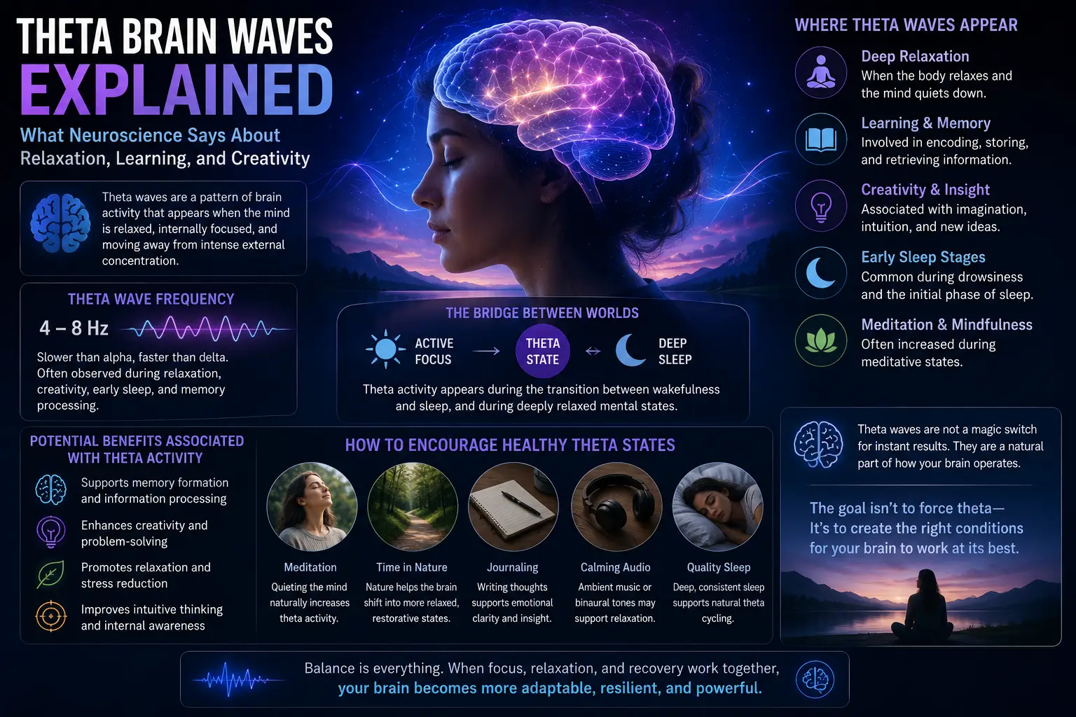 Theta brain waves illustration showing relaxation, creativity, learning, memory processing, and transitional states between focused awareness and sleep.