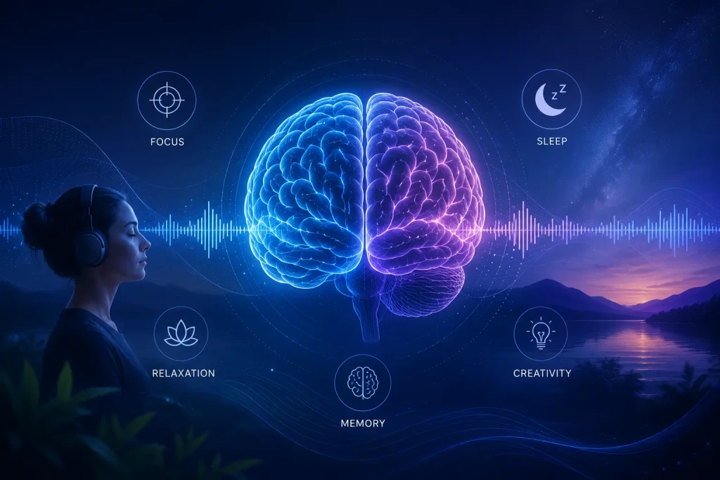 A clean neuroscience-inspired illustration representing sound waves, brain activity, focus, and cognitive performance