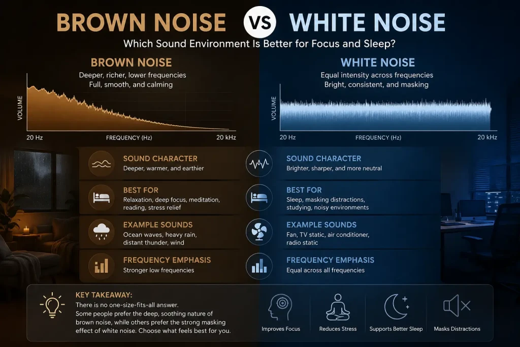 Modern soundwave comparison showing brown noise and white noise environments for focus, relaxation, sleep, and sensory comfort