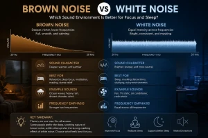 Modern soundwave comparison showing brown noise and white noise environments for focus, relaxation, sleep, and sensory comfort