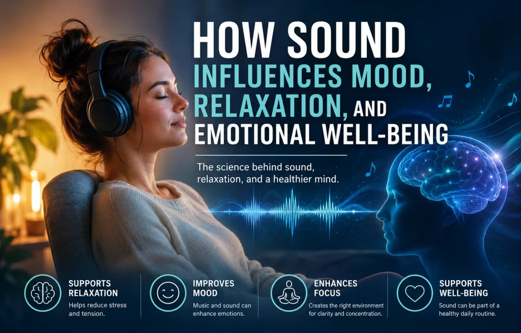 Sound and emotional well-being illustration showing music, relaxation, mood regulation, stress reduction, and neuroscience-inspired audio environments supporting mental wellness.