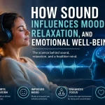 Sound and emotional well-being illustration showing music, relaxation, mood regulation, stress reduction, and neuroscience-inspired audio environments supporting mental wellness.