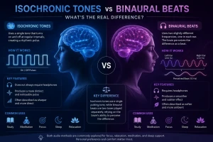 Modern comparison illustration of isochronic tones and binaural beats with rhythmic soundwave visualization for focus, relaxation, and cognitive environments