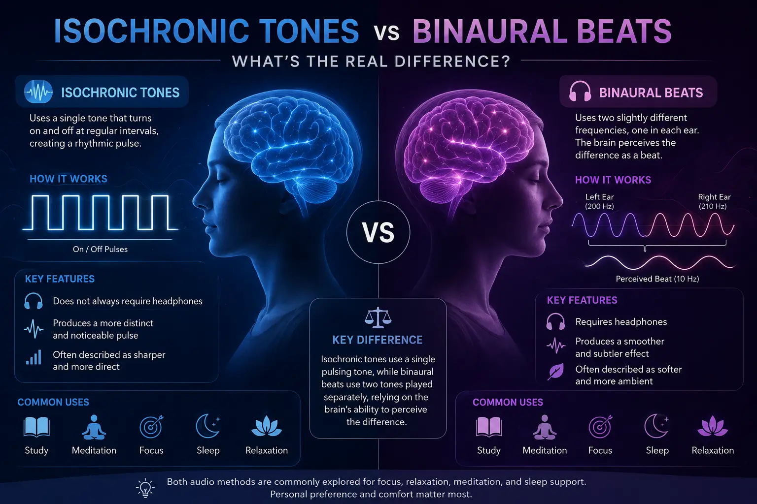 Modern comparison illustration of isochronic tones and binaural beats with rhythmic soundwave visualization for focus, relaxation, and cognitive environments