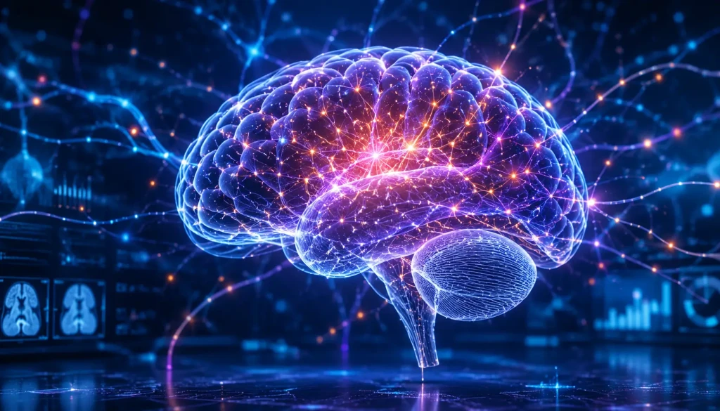 Neuroplasticity and mental performance concept showing glowing neural pathways inside a human brain with futuristic neuroscience atmosphere