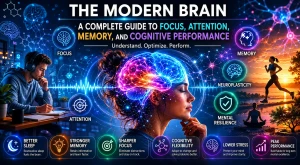 Modern brain cognitive performance guide featuring focus, attention, memory, neuroplasticity, executive function, and neuroscience-based mental optimization.