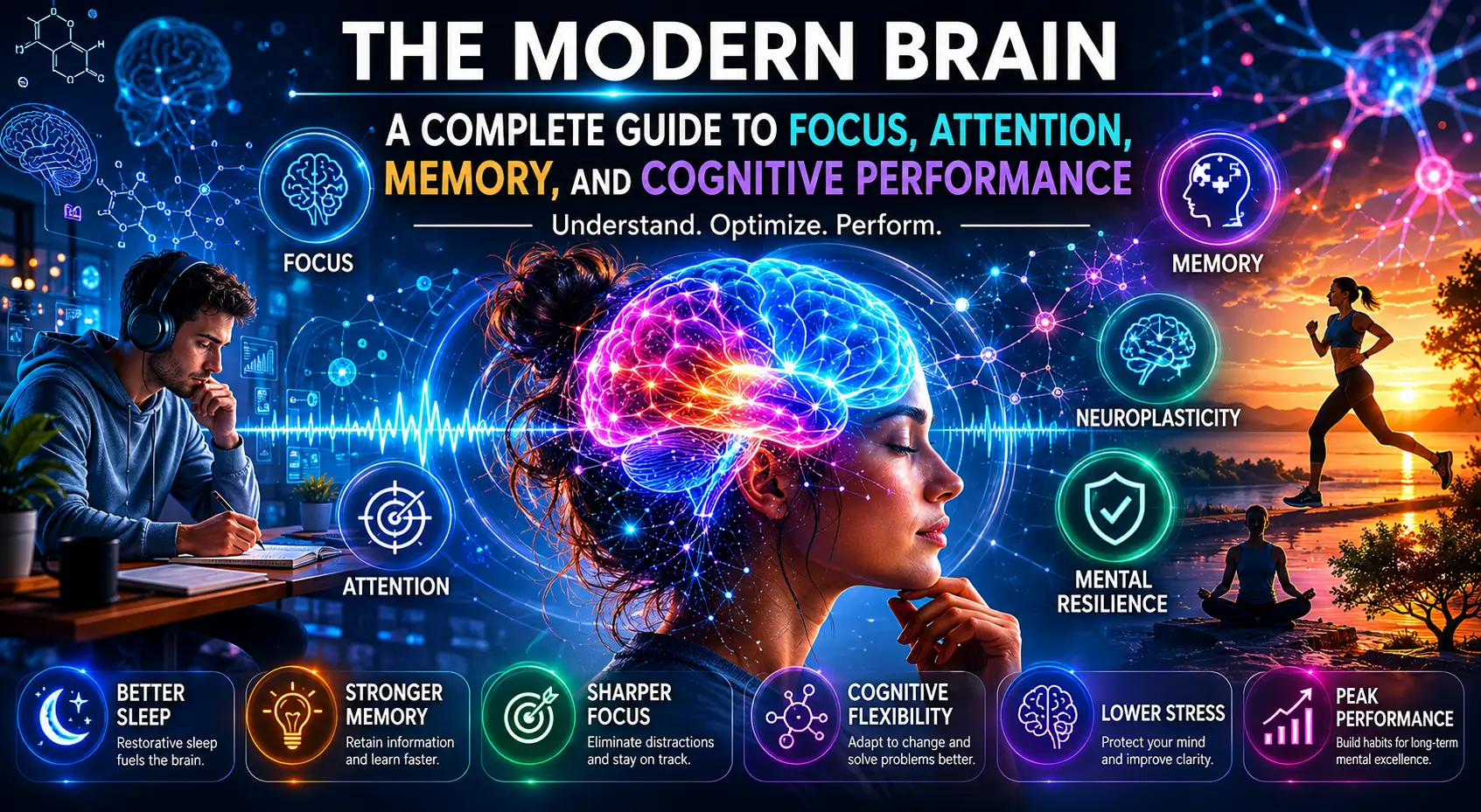 Modern brain cognitive performance guide featuring focus, attention, memory, neuroplasticity, executive function, and neuroscience-based mental optimization.