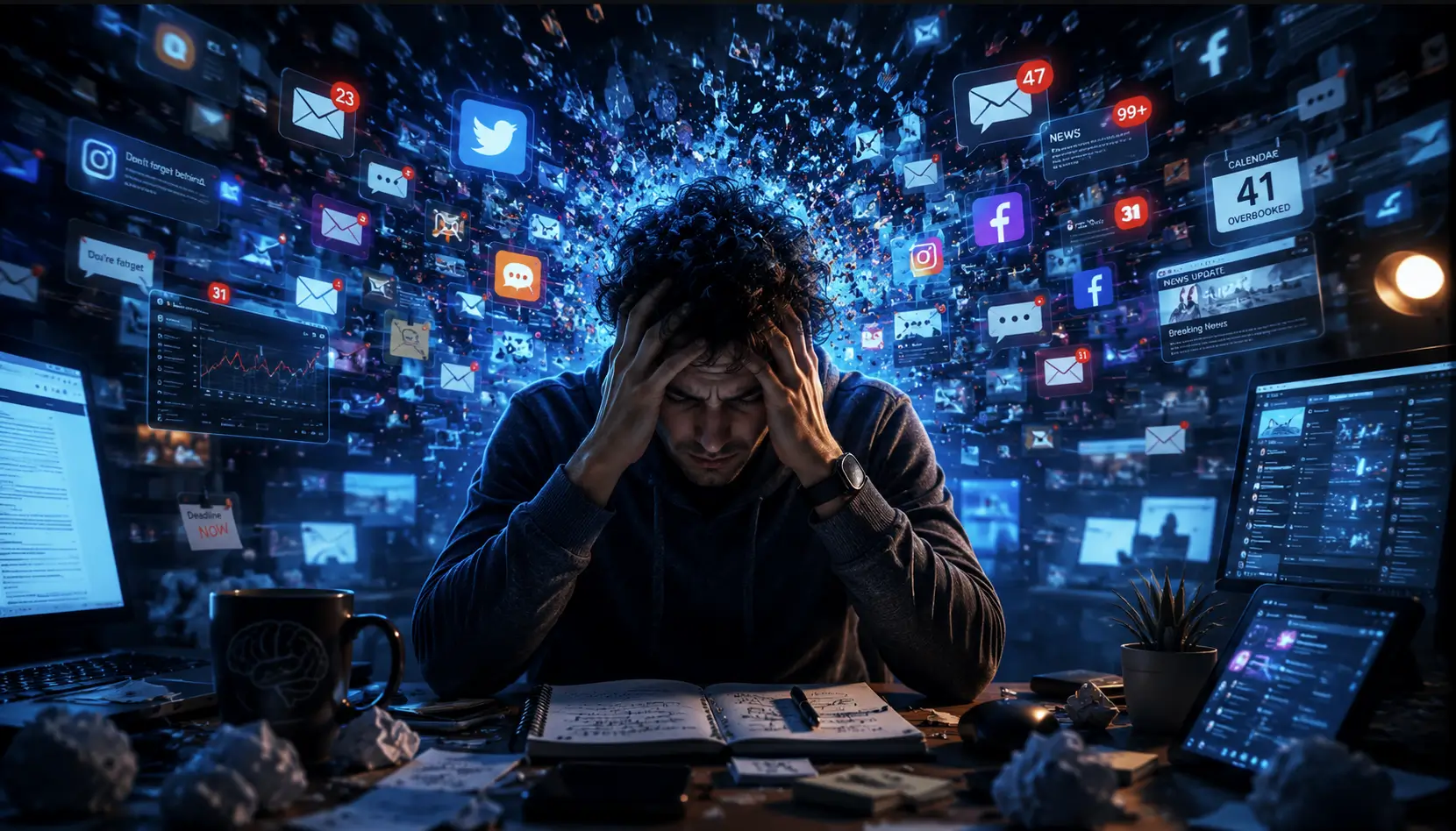 Overstimulated modern brain surrounded by screens, notifications, and digital distractions in a cognitive overload environment