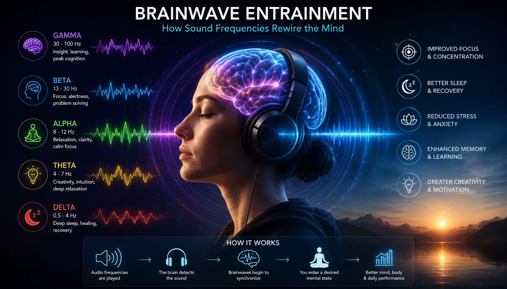 Brainwave entrainment frequencies including Alpha Theta Beta Gamma and Delta waves
