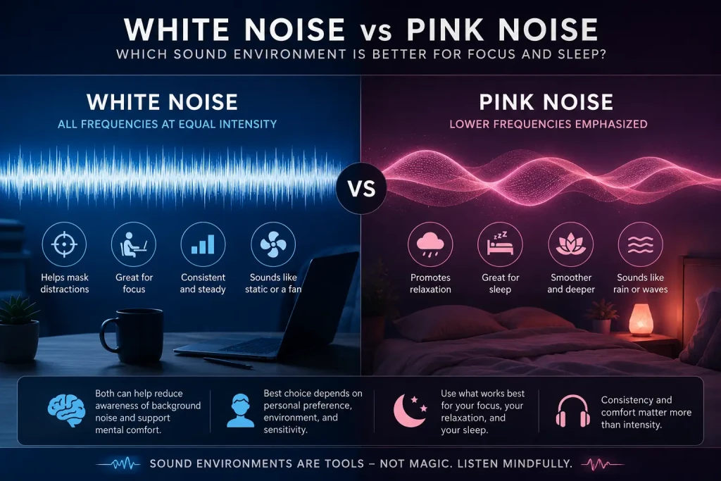 Modern calming soundwave visualization comparing white noise and pink noise environments for focus, relaxation, and sleep support
