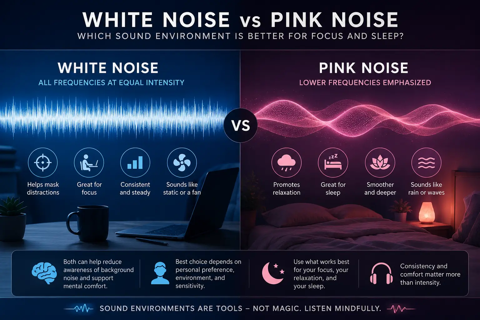 Modern calming soundwave visualization comparing white noise and pink noise environments for focus, relaxation, and sleep support